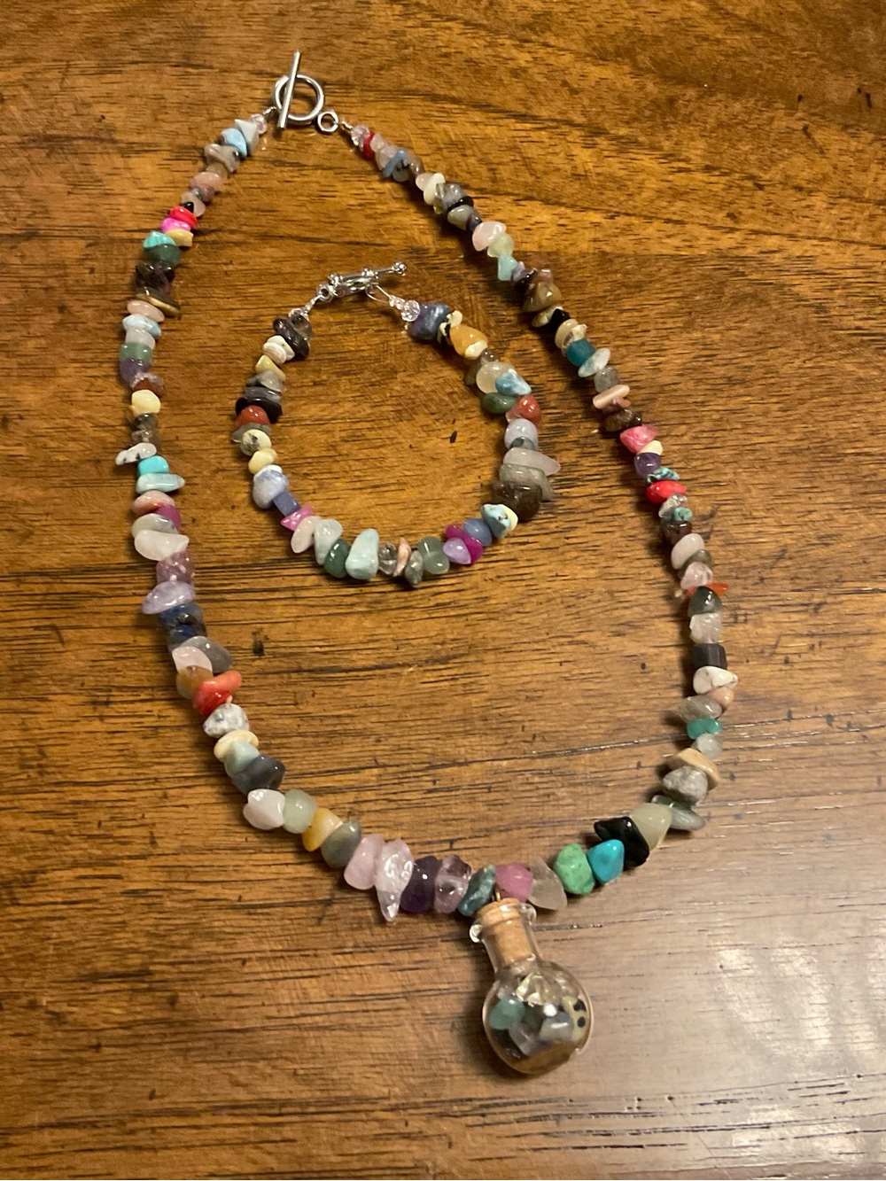 Multi-Color Chip Gemstone Necklace and Bracelet Set with Glass Vial Pendant